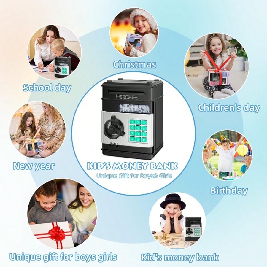 Mini ATM Savings Bank for Kids Ages 3-12, Electronic Cash and Coin Piggy Bank in Black, Pink or Red for Allowance Practice and Birthday Gifts