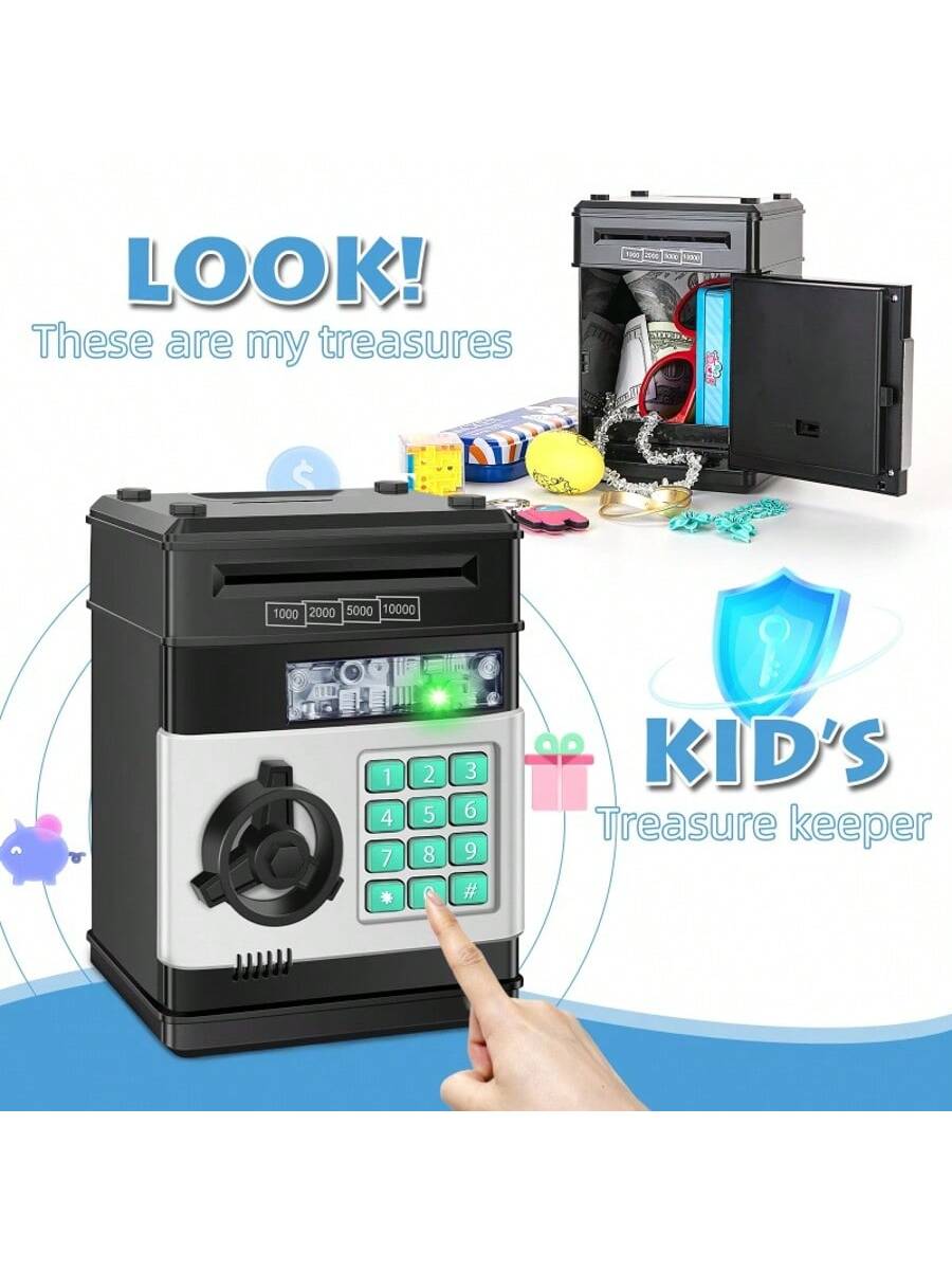 Mini ATM Savings Bank for Kids Ages 3-12, Electronic Cash and Coin Piggy Bank in Black, Pink or Red for Allowance Practice and Birthday Gifts