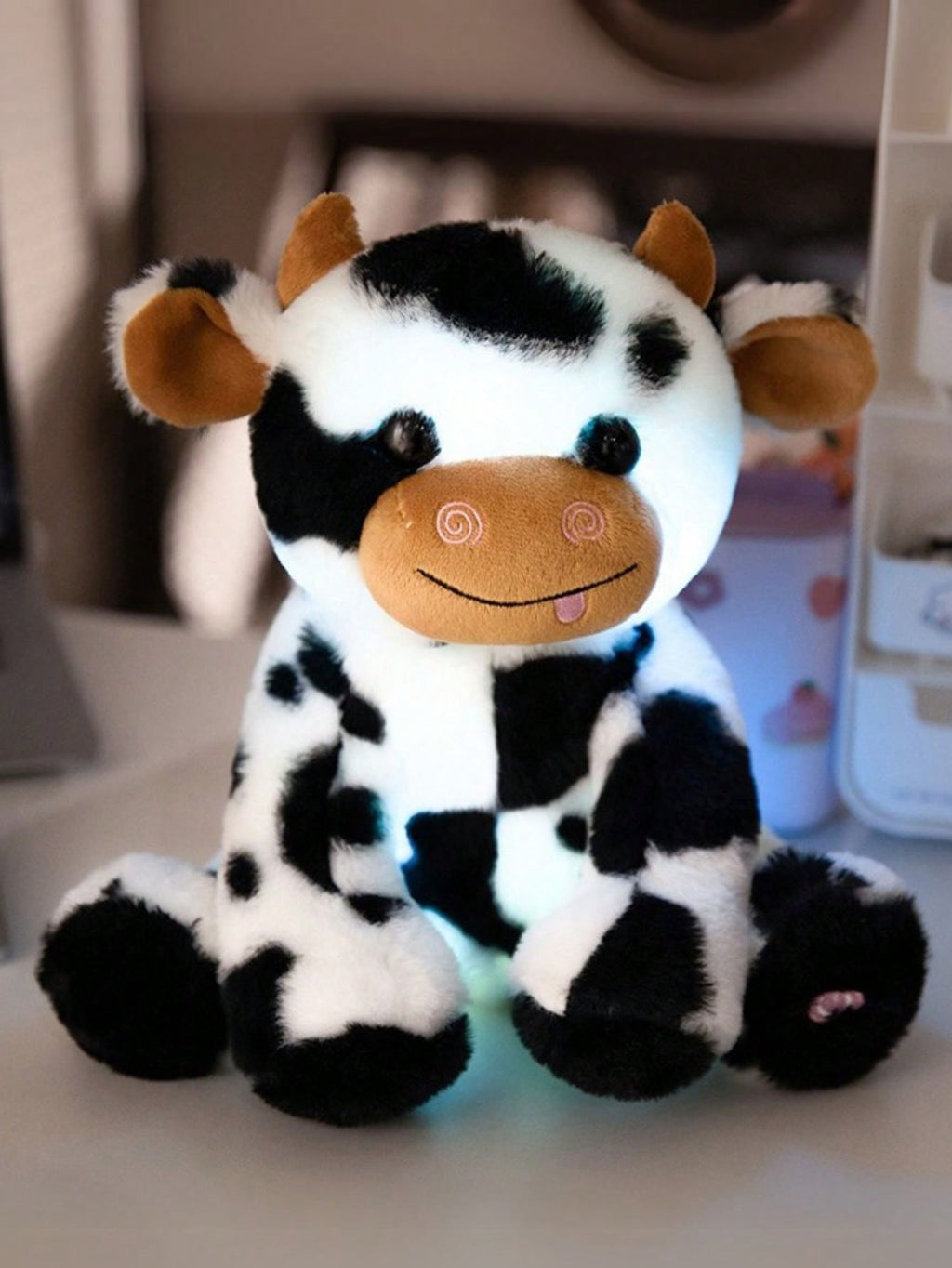 Light Up Cow Stuffed Animal with LED Glow, Soft Spotted Plush Doll in Black or Brown and White, 20cm or 25cm, Birthday Gift and Bedroom Decor