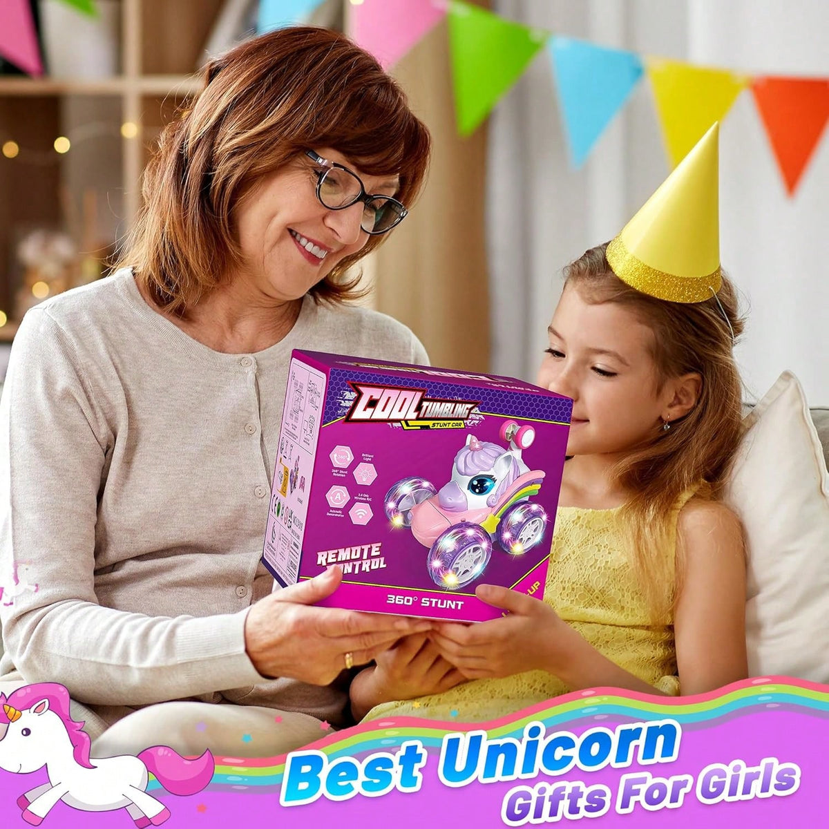 Unicorn Remote Control Stunt Car with 360-Degree Spins, 4WD Double-Sided Driving and LED Lights, 2.4GHz Electric Vehicle Toy for Kids Birthday Gifts