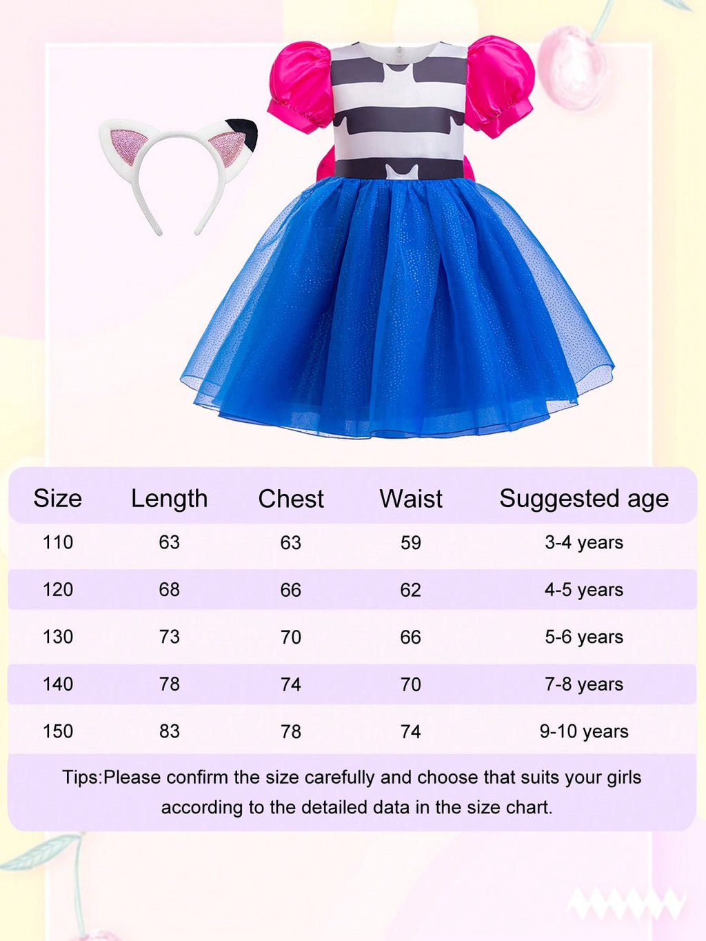 Cat Costume for Girls, 2-Piece Blue Dress and Headpiece Set for Halloween, Carnival Dress Up, Birthday Parties and Imaginative Animal Role Play