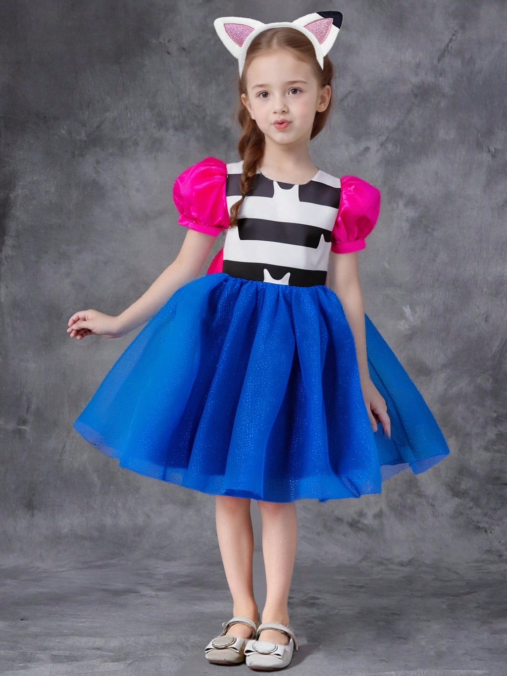 Cat Costume for Girls, 2-Piece Blue Dress and Headpiece Set for Halloween, Carnival Dress Up, Birthday Parties and Imaginative Animal Role Play