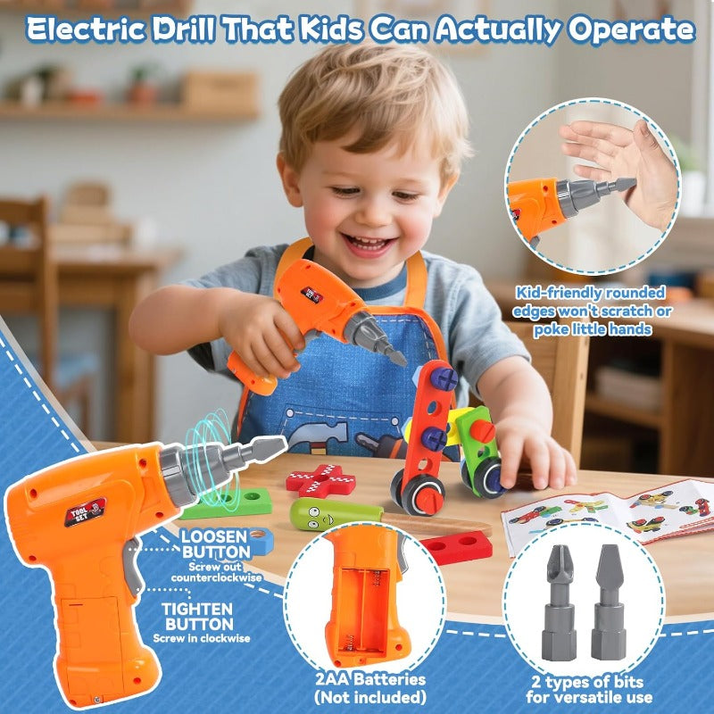 Wooden Kids Tool Set 44 Pcs with Electric Drill Apron Storage Box Educational Toy for Boys Girls Ages 3 and Up Hands-On Skills Birthday Christmas Gift