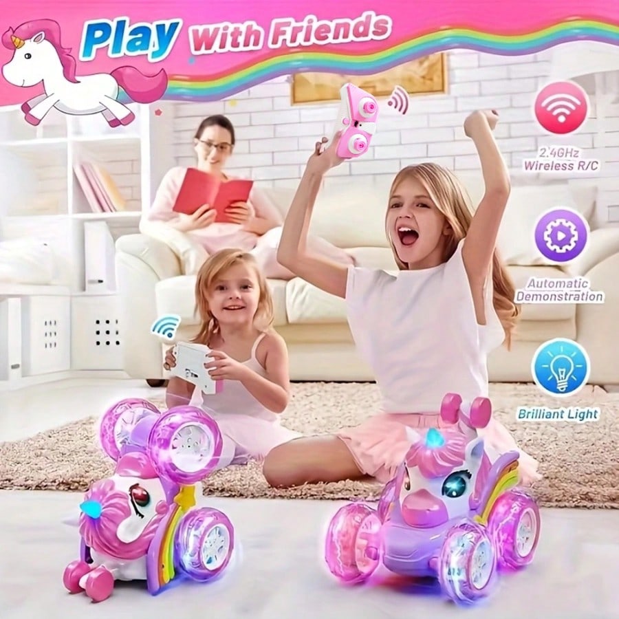 Unicorn Remote Control Stunt Car with 360-Degree Spins, 4WD Double-Sided Driving and LED Lights, 2.4GHz Electric Vehicle Toy for Kids Birthday Gifts