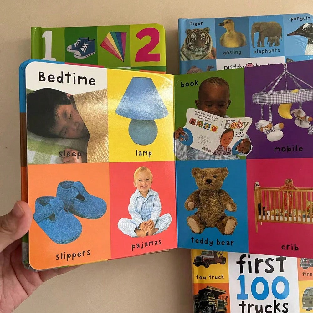 First Words Books for Kids, English Vocabulary Learning with Animals, Trucks, Dinosaurs, Numbers, Colors and Shapes Theme Options