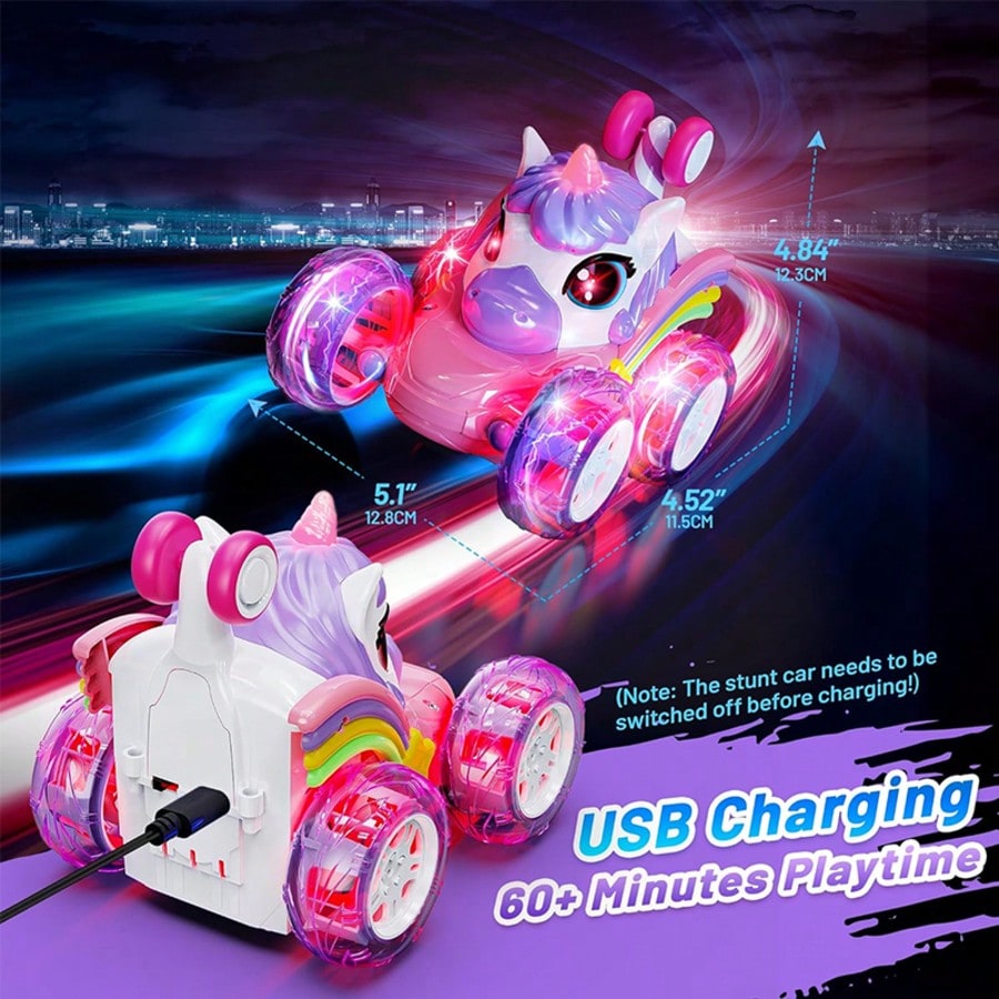 Unicorn Remote Control Stunt Car with 360-Degree Spins, 4WD Double-Sided Driving and LED Lights, 2.4GHz Electric Vehicle Toy for Kids Birthday Gifts