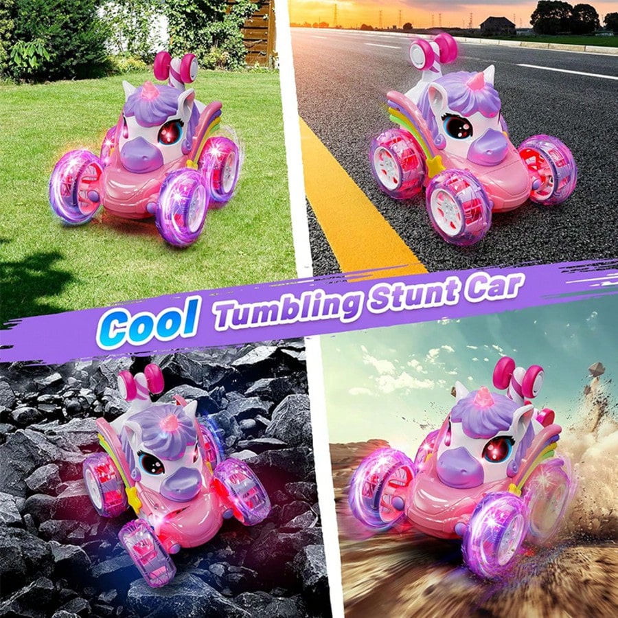 Unicorn Remote Control Stunt Car with 360-Degree Spins, 4WD Double-Sided Driving and LED Lights, 2.4GHz Electric Vehicle Toy for Kids Birthday Gifts