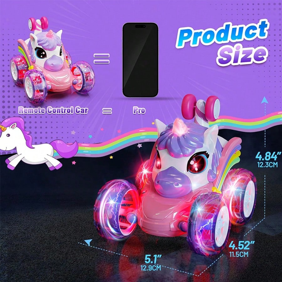 Unicorn Remote Control Stunt Car with 360-Degree Spins, 4WD Double-Sided Driving and LED Lights, 2.4GHz Electric Vehicle Toy for Kids Birthday Gifts