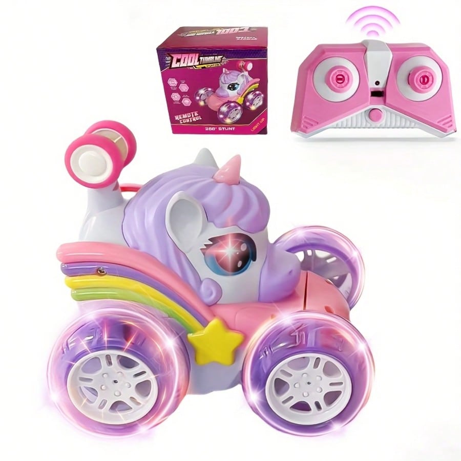 Unicorn Remote Control Stunt Car with 360-Degree Spins, 4WD Double-Sided Driving and LED Lights, 2.4GHz Electric Vehicle Toy for Kids Birthday Gifts