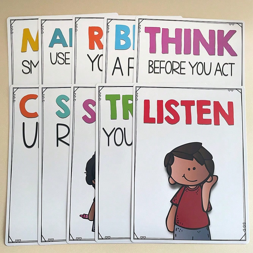Classroom Rules Posters for Kids, Lachilly 10-Piece Good Habits and Etiquette Wall Decor Set for Preschool, Daycare, Kindergarten and Home Learning