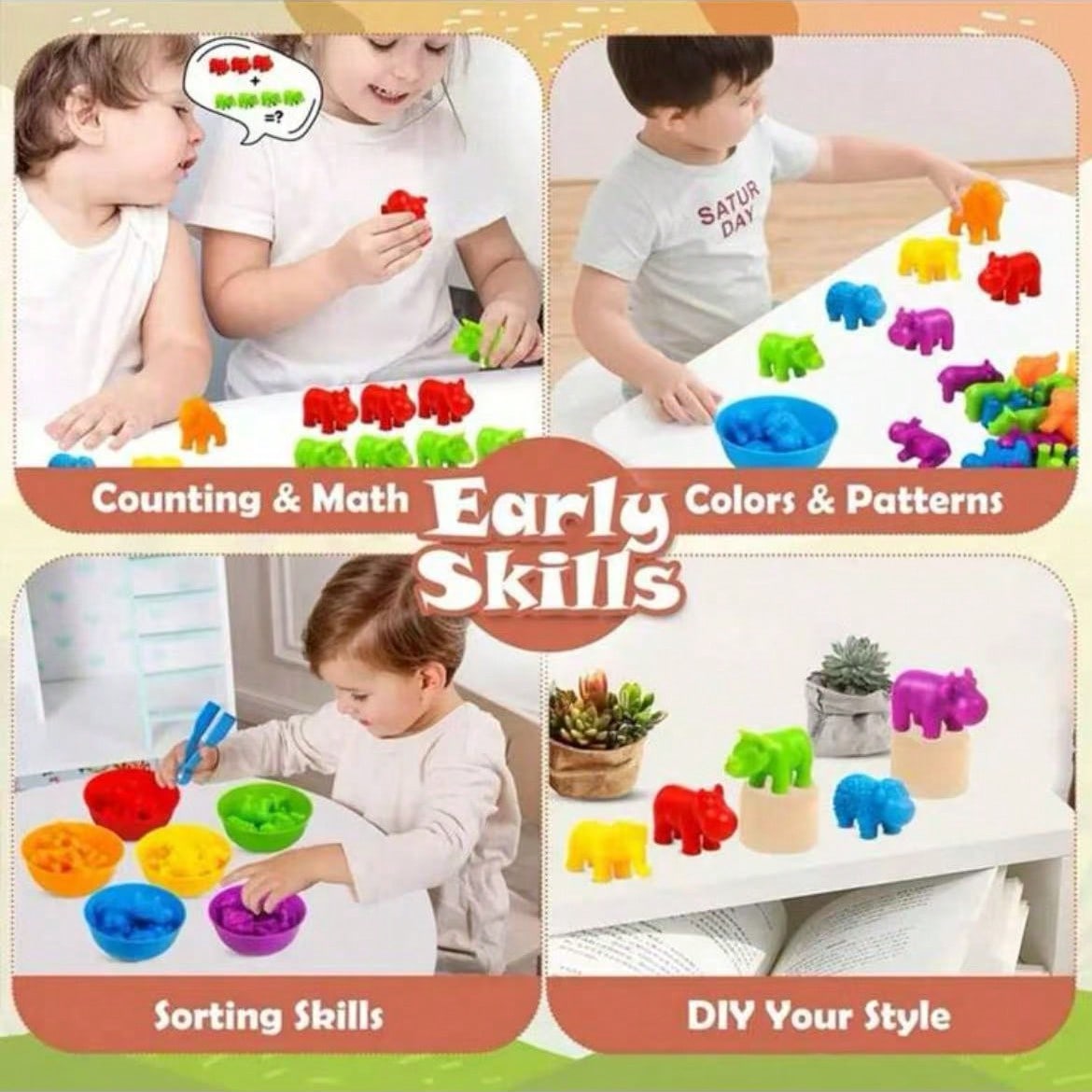 Animal Counting and Sorting Toy Set with Bowls for Kids Ages 3+, Montessori-Inspired Color Matching and Preschool Math Activity Gift