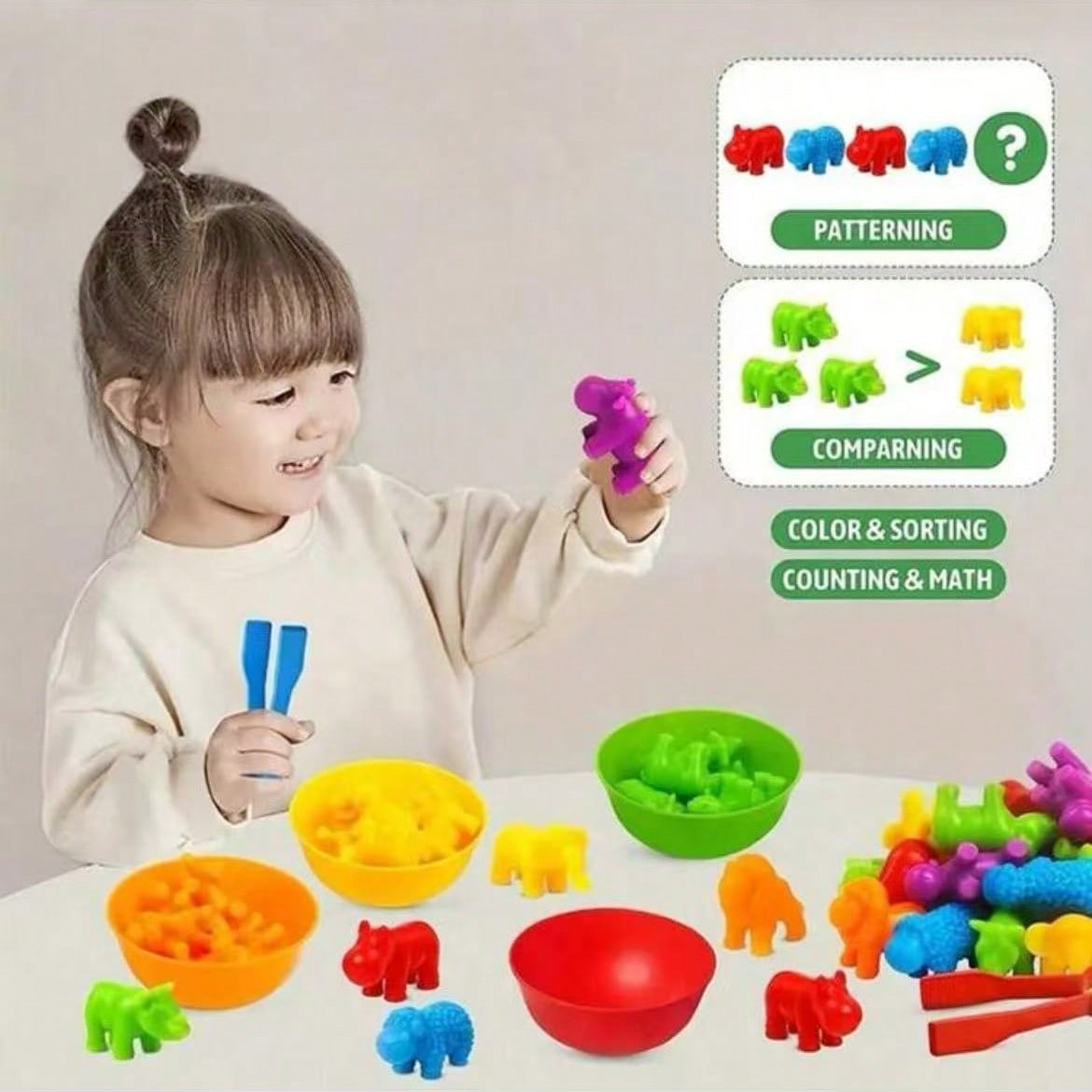 Animal Counting and Sorting Toy Set with Bowls for Kids Ages 3+, Montessori-Inspired Color Matching and Preschool Math Activity Gift
