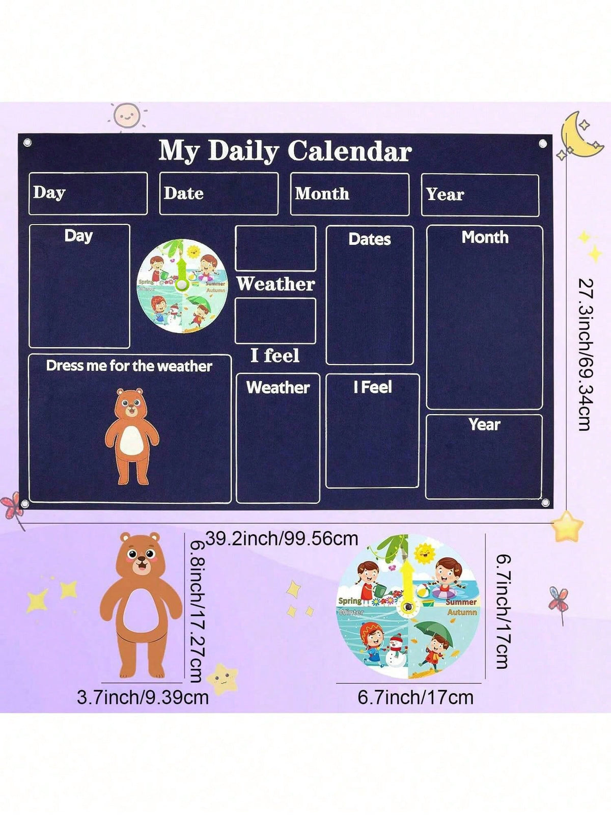 Felt Calendar Busy Board for Kids, 4-in-1 Montessori-Inspired Weather and Time Planner with Storytelling Activities for Classroom or Home Wall Display