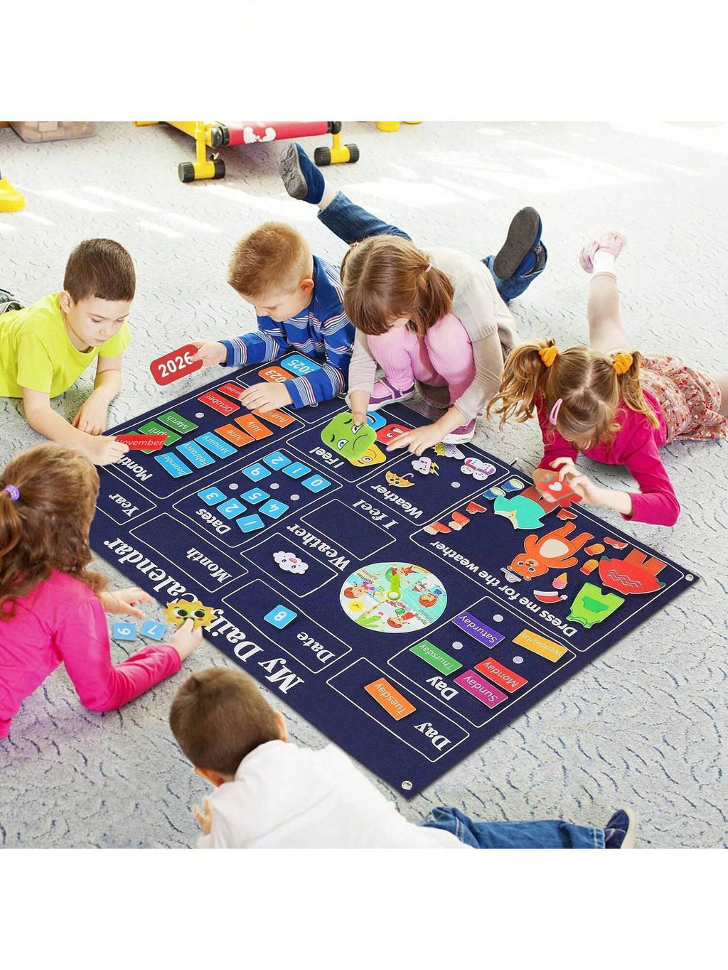 Felt Calendar Busy Board for Kids, 4-in-1 Montessori-Inspired Weather and Time Planner with Storytelling Activities for Classroom or Home Wall Display