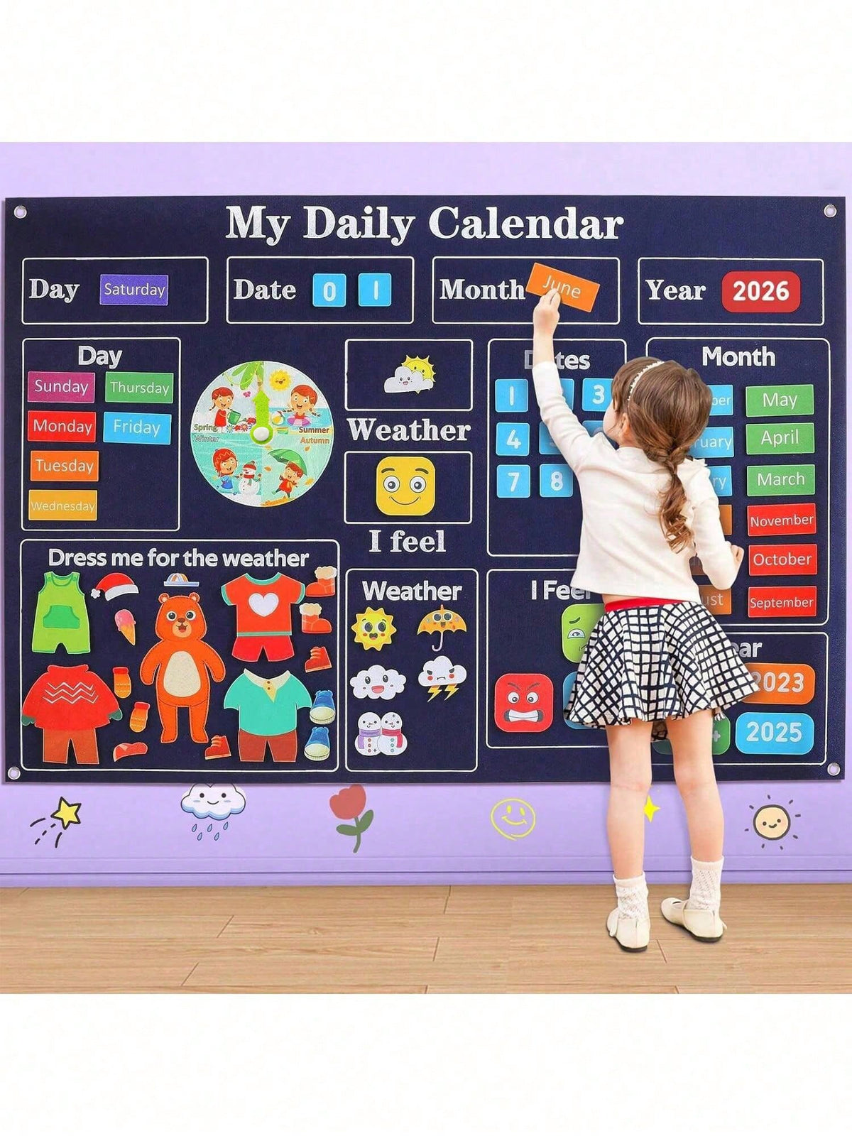 Felt Calendar Busy Board for Kids, 4-in-1 Montessori-Inspired Weather and Time Planner with Storytelling Activities for Classroom or Home Wall Display