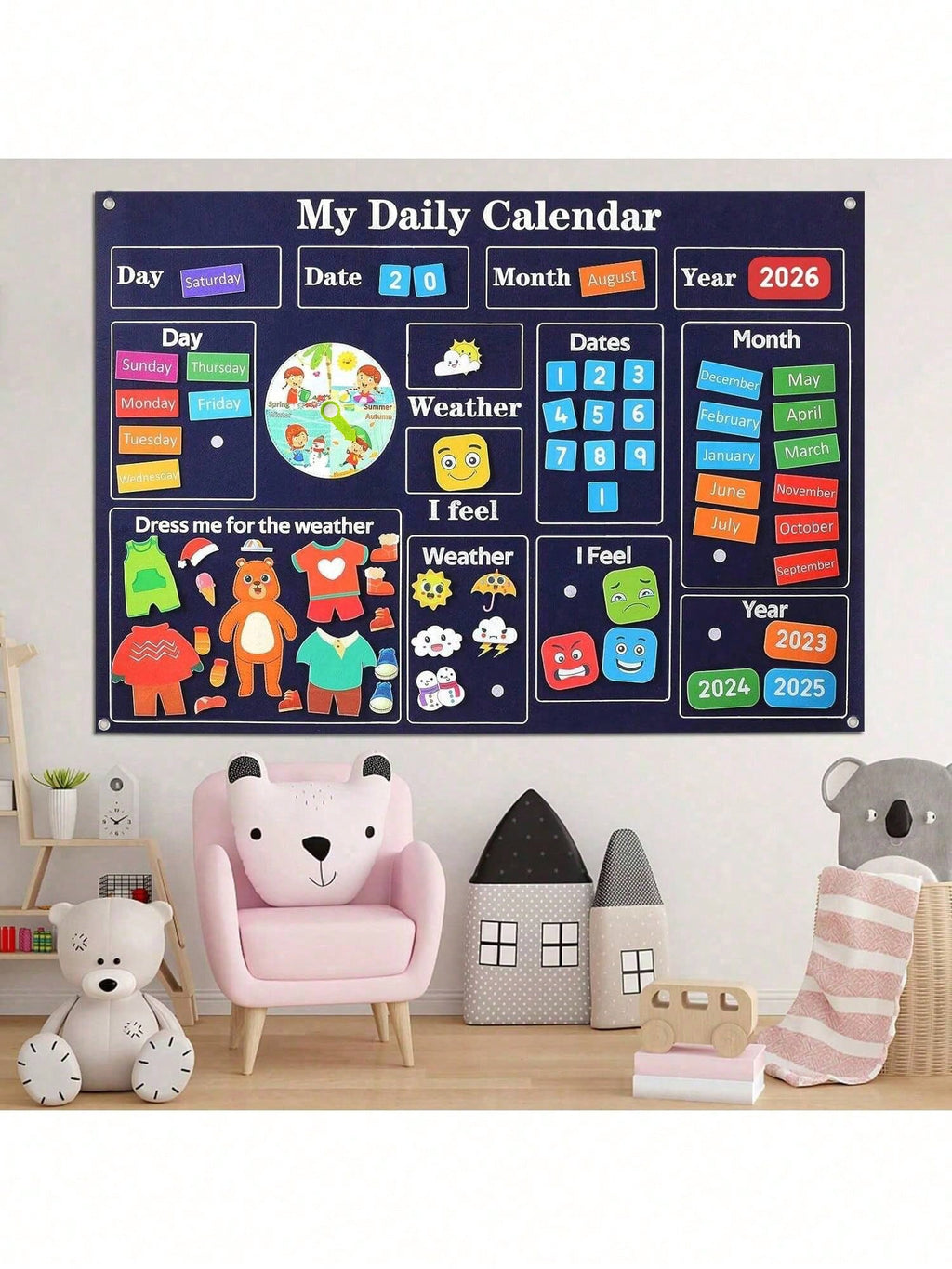 Felt Calendar Busy Board for Kids, 4-in-1 Montessori-Inspired Weather and Time Planner with Storytelling Activities for Classroom or Home Wall Display