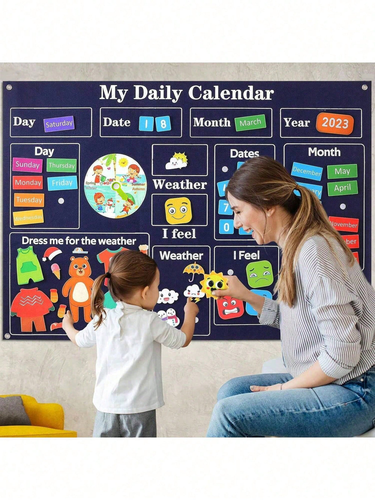 Felt Calendar Busy Board for Kids, 4-in-1 Montessori-Inspired Weather and Time Planner with Storytelling Activities for Classroom or Home Wall Display