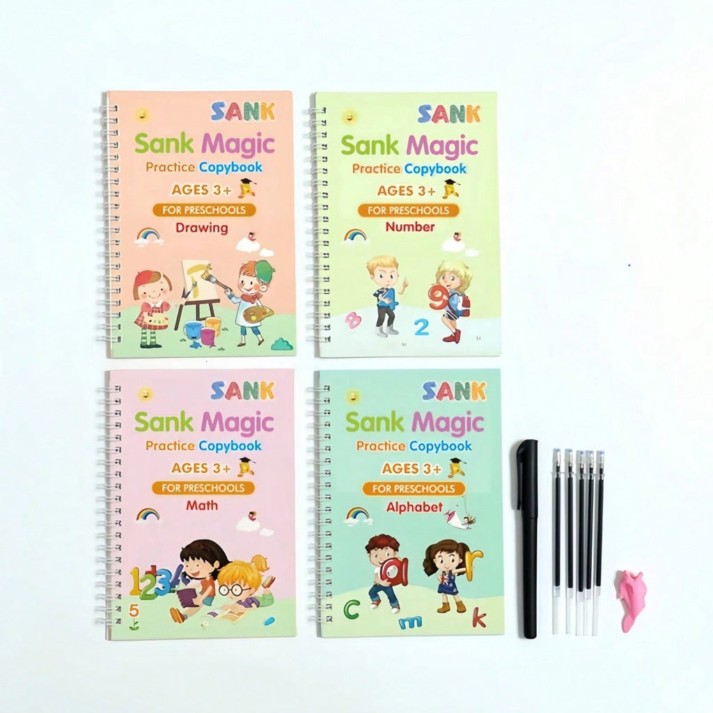 Handwriting Workbook Set for Kids, Reusable Writing and Pen Control Practice with 4-Book Pen Set or 8-Book English and Arabic Options