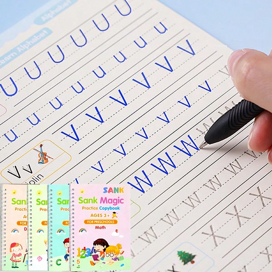 Handwriting Workbook Set for Kids, Reusable Writing and Pen Control Practice with 4-Book Pen Set or 8-Book English and Arabic Options