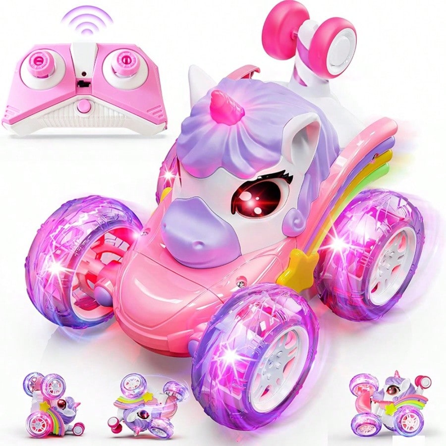 Unicorn Remote Control Stunt Car with 360-Degree Spins, 4WD Double-Sided Driving and LED Lights, 2.4GHz Electric Vehicle Toy for Kids Birthday Gifts