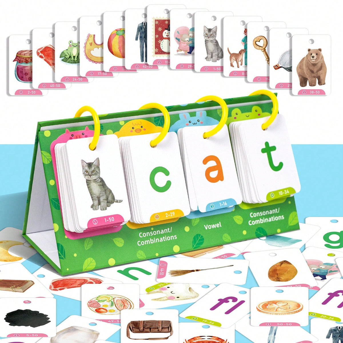 CVC Word Games for Kids with Illustrated English Learning Cards for Phonics, Spelling and Sentence Building, Desktop Homeschool Reading Activities