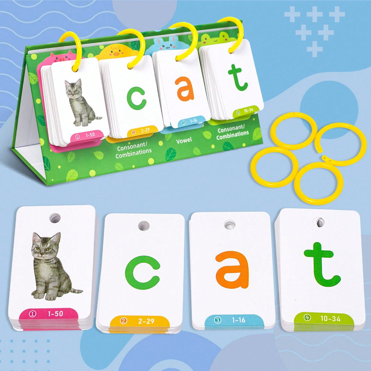 CVC Word Games for Kids with Illustrated English Learning Cards for Phonics, Spelling and Sentence Building, Desktop Homeschool Reading Activities