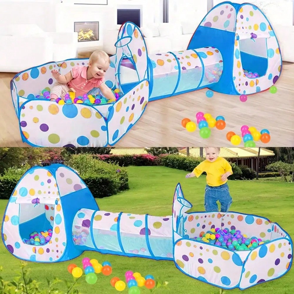 Foldable Kids Play Tent 3-in-1 Indoor Playhouse with Steel Frame and Polyester Fabric, Red or Blue Pretend Play Gift, Balls Not Included