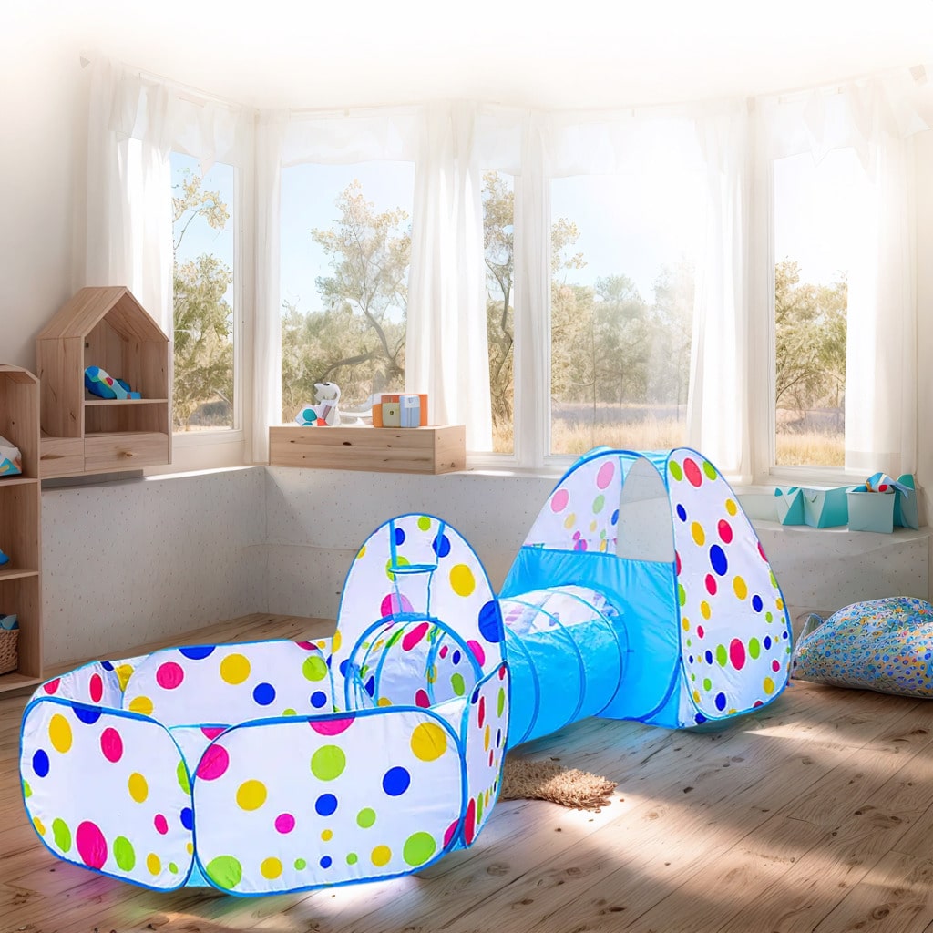 Foldable Kids Play Tent 3-in-1 Indoor Playhouse with Steel Frame and Polyester Fabric, Red or Blue Pretend Play Gift, Balls Not Included