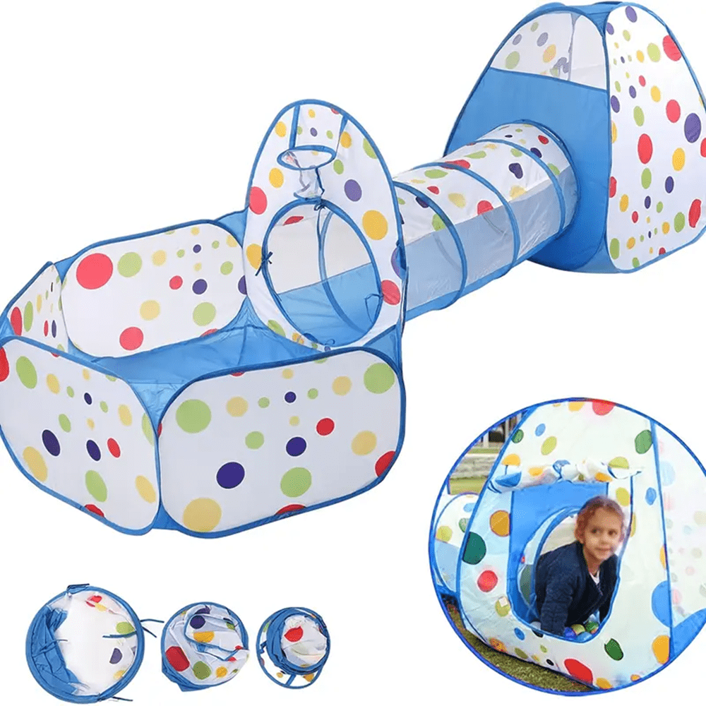Foldable Kids Play Tent 3-in-1 Indoor Playhouse with Steel Frame and Polyester Fabric, Red or Blue Pretend Play Gift, Balls Not Included