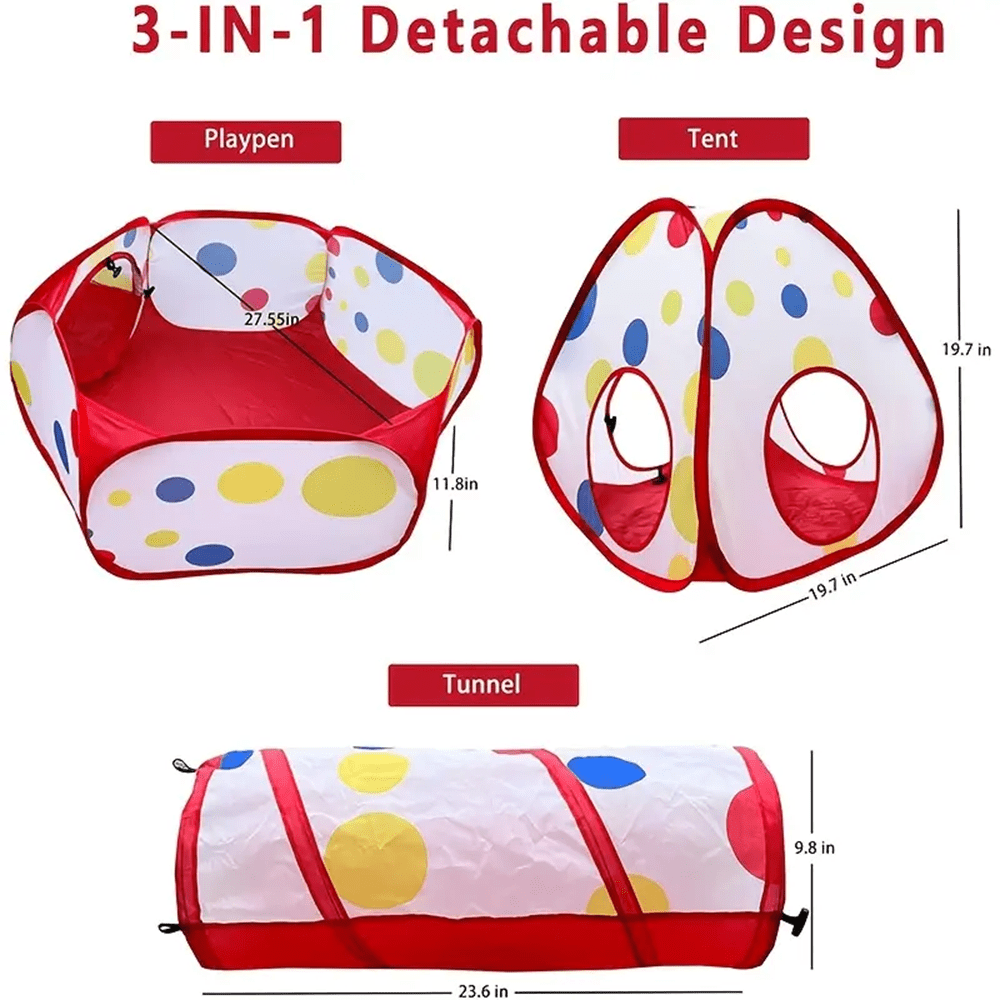 Foldable Kids Play Tent 3-in-1 Indoor Playhouse with Steel Frame and Polyester Fabric, Red or Blue Pretend Play Gift, Balls Not Included
