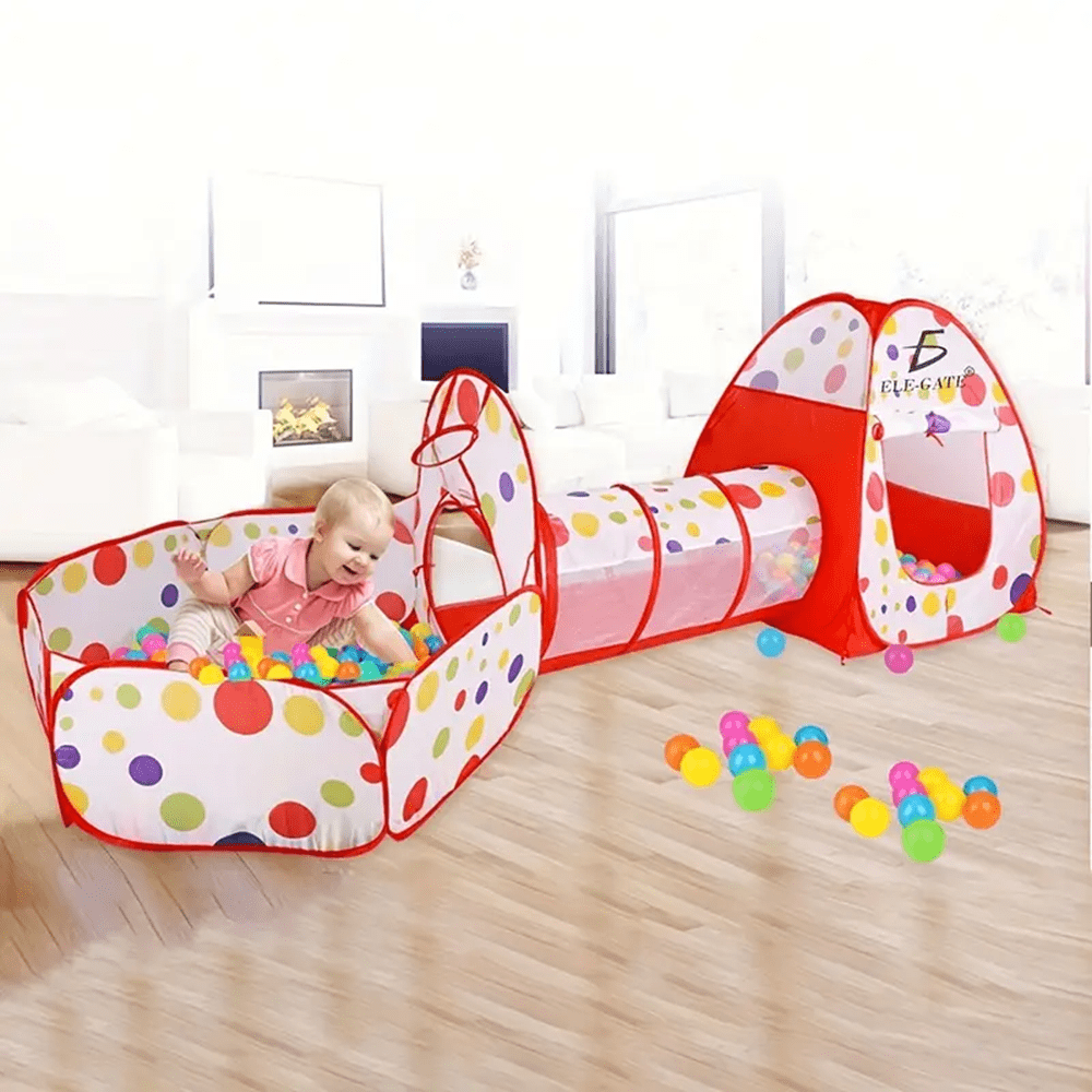 Foldable Kids Play Tent 3-in-1 Indoor Playhouse with Steel Frame and Polyester Fabric, Red or Blue Pretend Play Gift, Balls Not Included