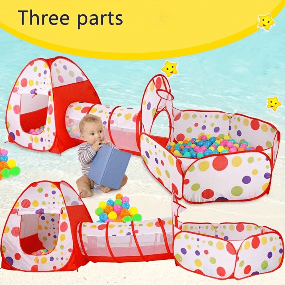 Foldable Kids Play Tent 3-in-1 Indoor Playhouse with Steel Frame and Polyester Fabric, Red or Blue Pretend Play Gift, Balls Not Included