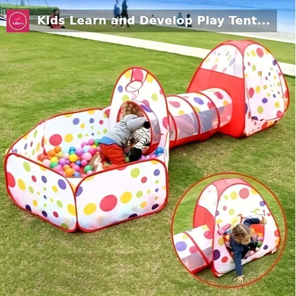 Foldable Kids Play Tent 3-in-1 Indoor Playhouse with Steel Frame and Polyester Fabric, Red or Blue Pretend Play Gift, Balls Not Included