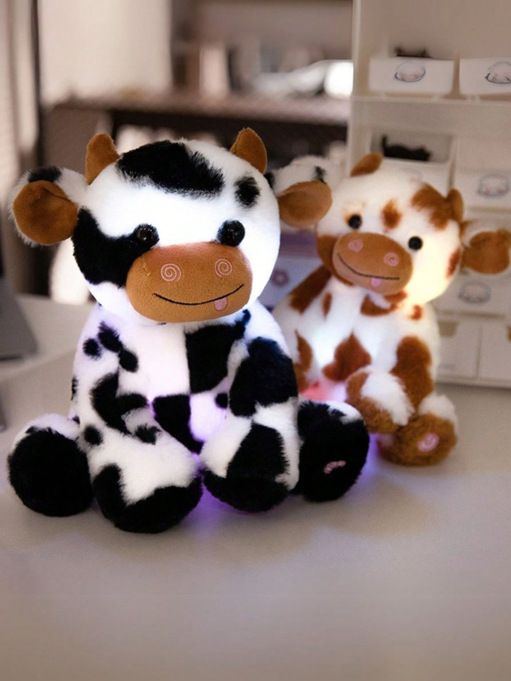 Light Up Cow Stuffed Animal with LED Glow, Soft Spotted Plush Doll in Black or Brown and White, 20cm or 25cm, Birthday Gift and Bedroom Decor