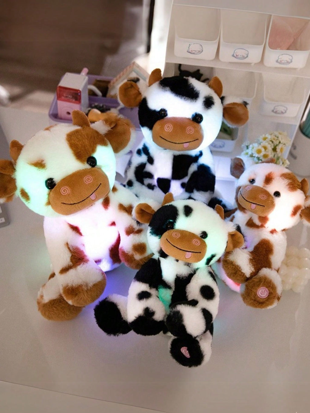 Light Up Cow Stuffed Animal with LED Glow, Soft Spotted Plush Doll in Black or Brown and White, 20cm or 25cm, Birthday Gift and Bedroom Decor