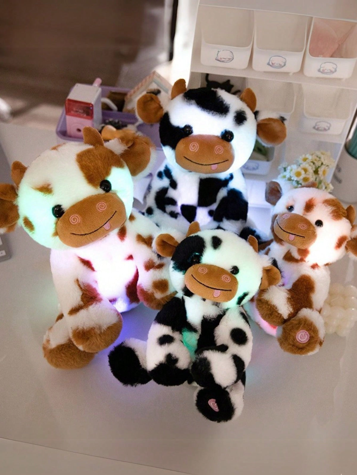 Light Up Cow Stuffed Animal with LED Glow, Soft Spotted Plush Doll in Black or Brown and White, 20cm or 25cm, Birthday Gift and Bedroom Decor