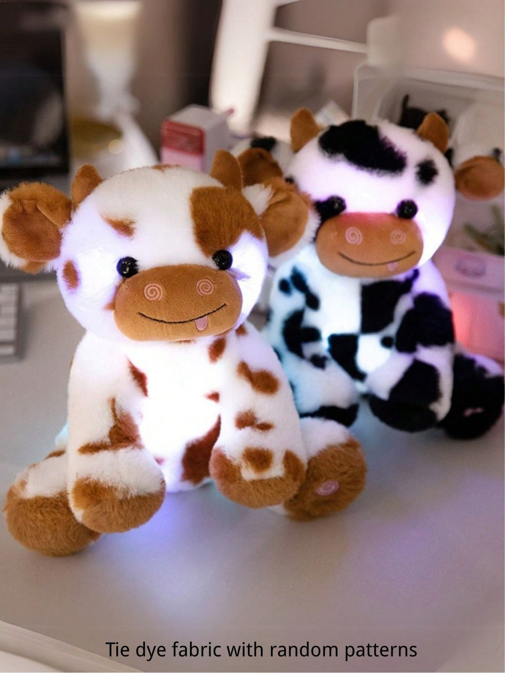 Light Up Cow Stuffed Animal with LED Glow, Soft Spotted Plush Doll in Black or Brown and White, 20cm or 25cm, Birthday Gift and Bedroom Decor