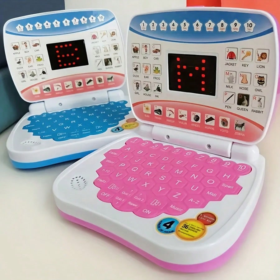 Mini Learning Computer Toy for Kids, Portable English Alphabet and Number Activity with Music and Interactive Games, Blue or Pink Educational Gift