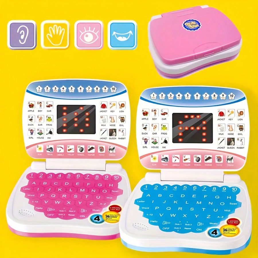 Mini Learning Computer Toy for Kids, Portable English Alphabet and Number Activity with Music and Interactive Games, Blue or Pink Educational Gift