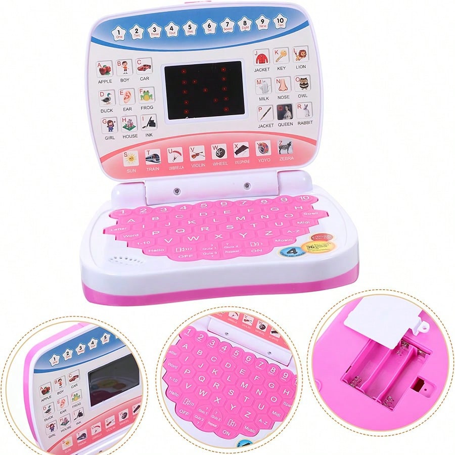 Mini Learning Computer Toy for Kids, Portable English Alphabet and Number Activity with Music and Interactive Games, Blue or Pink Educational Gift