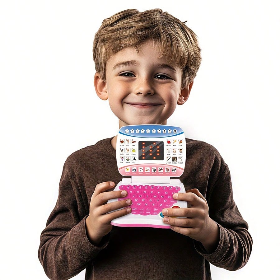 Mini Learning Computer Toy for Kids, Portable English Alphabet and Number Activity with Music and Interactive Games, Blue or Pink Educational Gift