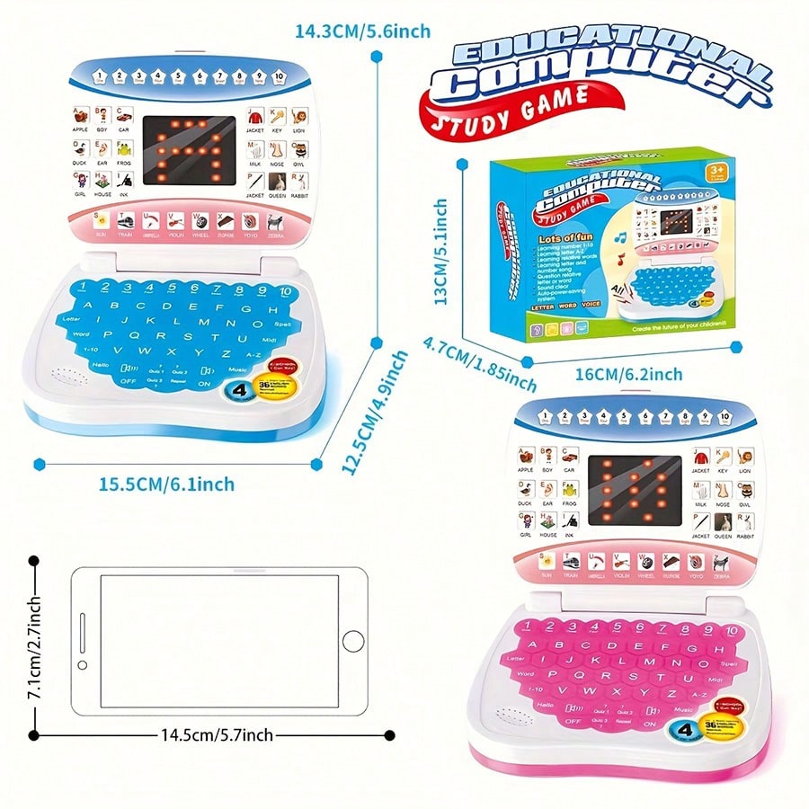 Mini Learning Computer Toy for Kids, Portable English Alphabet and Number Activity with Music and Interactive Games, Blue or Pink Educational Gift