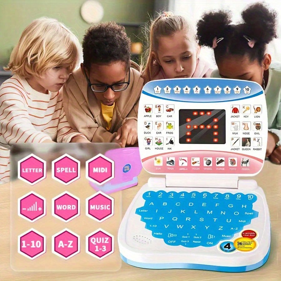 Mini Learning Computer Toy for Kids, Portable English Alphabet and Number Activity with Music and Interactive Games, Blue or Pink Educational Gift