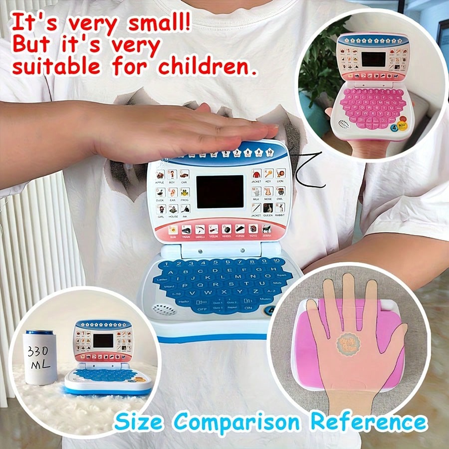 Mini Learning Computer Toy for Kids, Portable English Alphabet and Number Activity with Music and Interactive Games, Blue or Pink Educational Gift