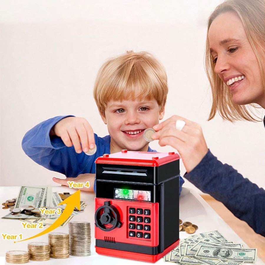 Cash and Coin Piggy Bank for Kids Ages 3-12, Electronic ATM-Style Money Box in Black, Pink or Red for Pocket Money Saving and Birthday Gifts