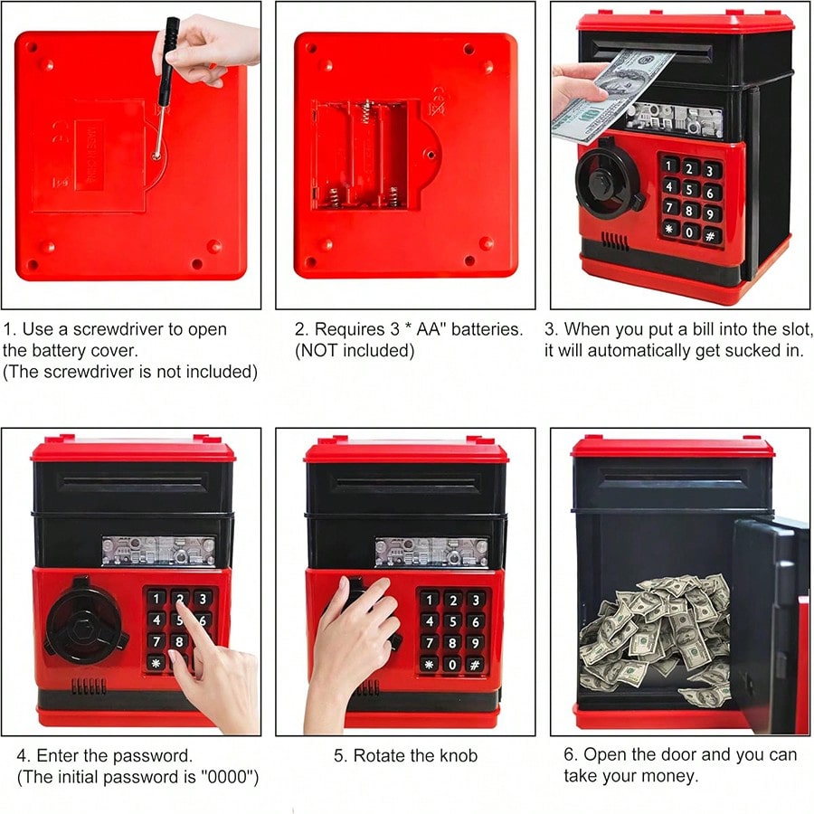Cash and Coin Piggy Bank for Kids Ages 3-12, Electronic ATM-Style Money Box in Black, Pink or Red for Pocket Money Saving and Birthday Gifts