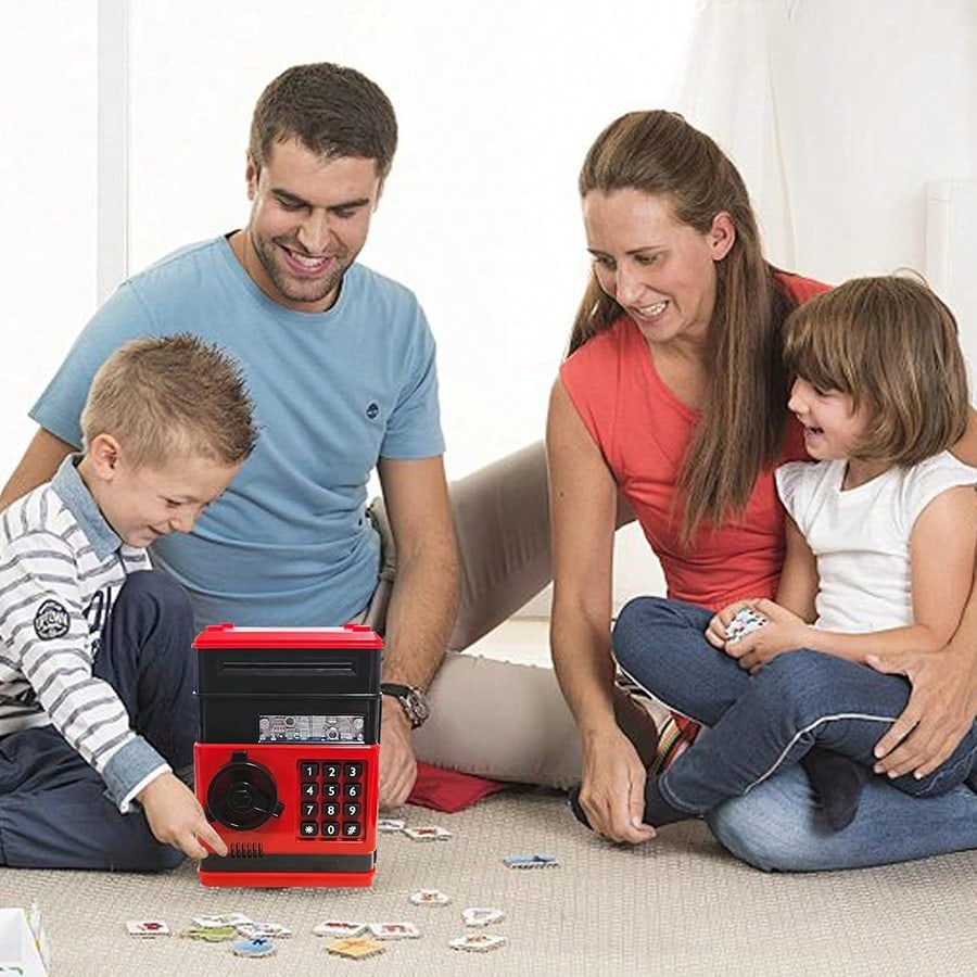 Mini ATM Savings Bank for Kids Ages 3-12, Electronic Cash and Coin Piggy Bank in Black, Pink or Red for Allowance Practice and Birthday Gifts