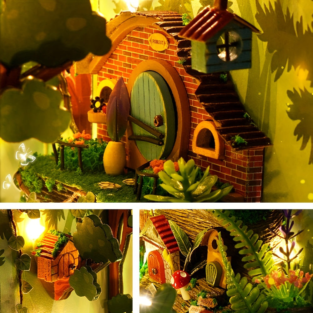 Book Nook Kit DIY Miniature Tiny House Dollhouse – Multicolor 3D Wooden Puzzle Bookshelf Insert Home Decor Gift for Teens Adults Birthday Christmas Thanksgiving No Battery No Glue
