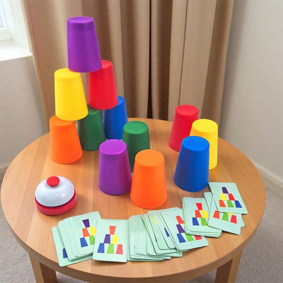 Cup Stacking Game for Kids, Color Sorting Tabletop Puzzle Set for Hands-On Logic Practice, Solo Challenges and Interactive Family Play