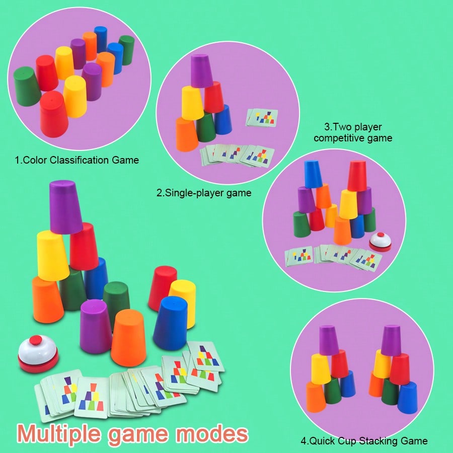 Cup Stacking Game for Kids, Color Sorting Tabletop Puzzle Set for Hands-On Logic Practice, Solo Challenges and Interactive Family Play